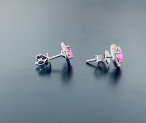 Pink Sapphire and diamond halo white gold earrings