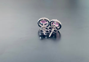Pink Sapphire and diamond halo white gold earrings