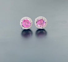 Load image into Gallery viewer, Pink Sapphire and diamond halo white gold earrings
