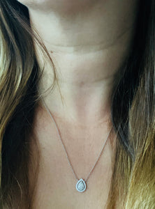 Women’s pear cut diamond halo necklace white gold