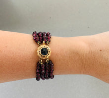 Load image into Gallery viewer, Three stranded Beaded Garnet and yellow gold Bracelet